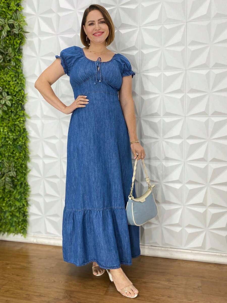 Vestido Longo Jeans Com Babado e Recorte Com Marcação na Cintura primavera Verão