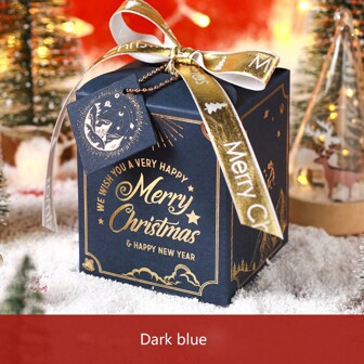 5pcs/set Delicate Gold Foil Patterns Christmas Apple Box/small Gift Box With Ribbon And Tag, Dark Blue