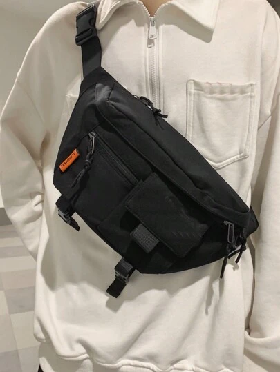 时尚简约黑色尼龙休闲大容量腰包男女通用通勤约会旅行胸包，开学第一天学院风腰包