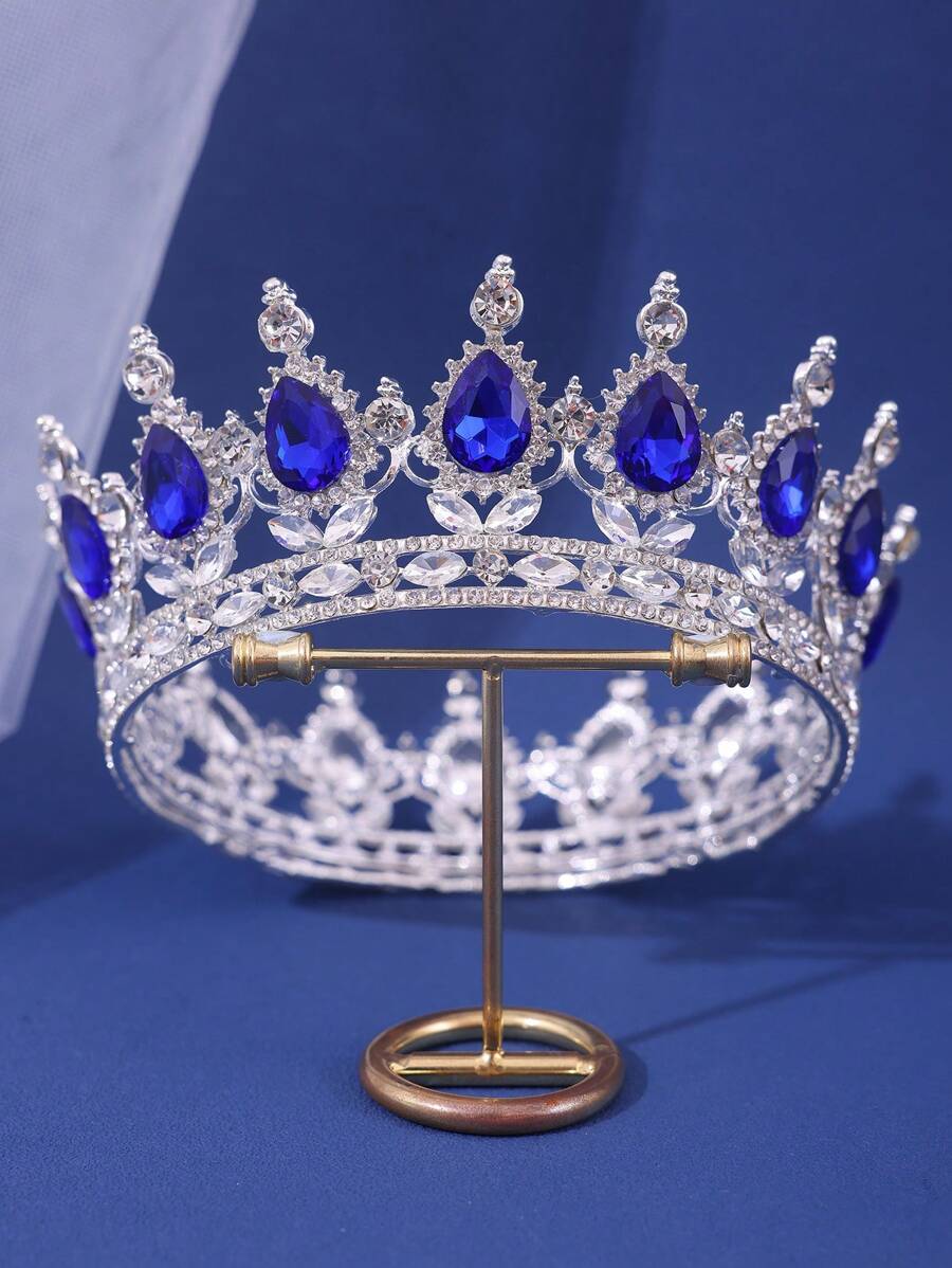 1pc Luxurious Full Circle Waterdrop Rhinestone Decor Alloy Crown For Bride, Wedding, Evening Party Tiaras - Royal Blue - View 1