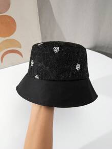 1pc Fashionable Bucket Hat With Rhinestone, Lace & Embroidered Rose Pattern - Black - View 3