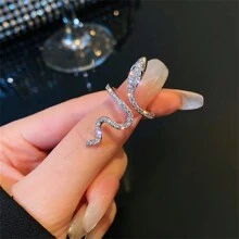 Silver Snake-shaped Ring With Rhinestone Decoration, Suitable For Daily Wear - Silver - View 1