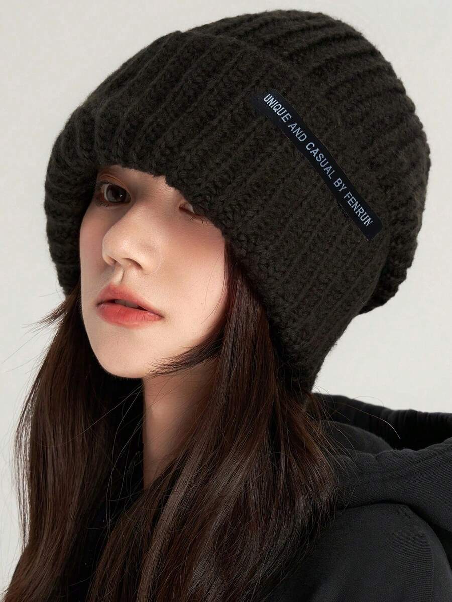 1pc Japanese Style Thick Knitted Hat With Large Brim For Men And Women, Winter Warmth And Ear Protection - Black - View 1