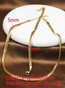 2 件裝 5 毫米寬不銹鋼金色幾何鏈條項鍊手鍊女式女孩新款時尚不褪色首飾套裝 - 金黃色 - 查看 2