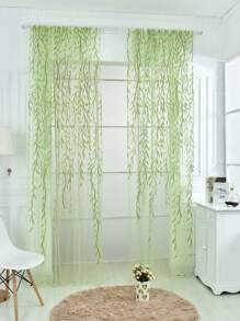 1 Pieza Cortina Moderna De Poliéster Transparente Con Patrón De Hojas De Árbol Y Bolsillo Para Barra Para Decoración Del Hogar - Verde - Ver 2