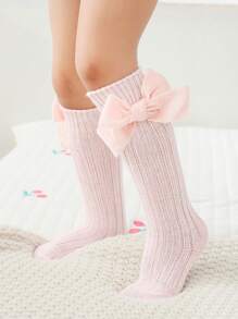 兒童絨帶蝴蝶結針織中筒袜 - 淺粉色 - 查看 1