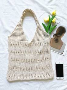 1 件大容量时尚钩针女士购物袋，大号编织袋，沙滩包，夏季度假风格，单肩包，网眼手提包，背包，厨房储物袋，女友购物袋，圣诞礼物，手提包 - 杏色 - 查看 7