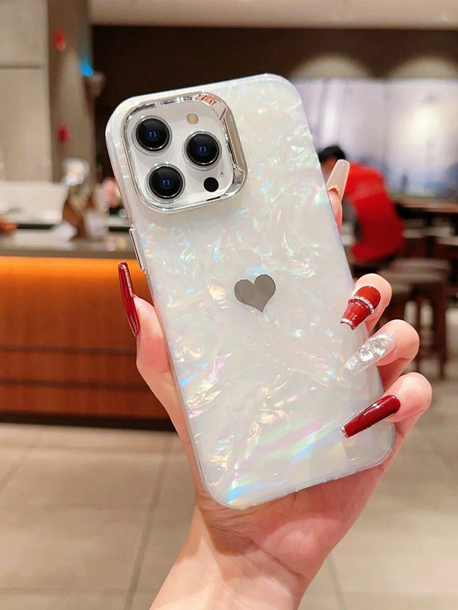 Funda de teléfono con patrón de corazón de vidrio craquelado con brillo de perla resistente a golpes, a prueba de agua, resistente a caídas y arañazos, regalo de primavera de moda - Multicolor - Ver 1
