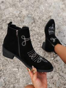 Women's Classic Boots New Embroidered Decorative Outdoor Luxurious Autumn And Winter Ankle Boots, Women's Elegant Suede-like Black Boots, Women's Halloween Boots - Black - View 1