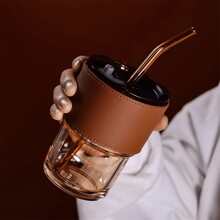 1pc Thickened Glass Water Cup With Lid & Large Capacity And Beautiful Ins Style Coffee, Milk Cup Without Straw - Apricot - View 1