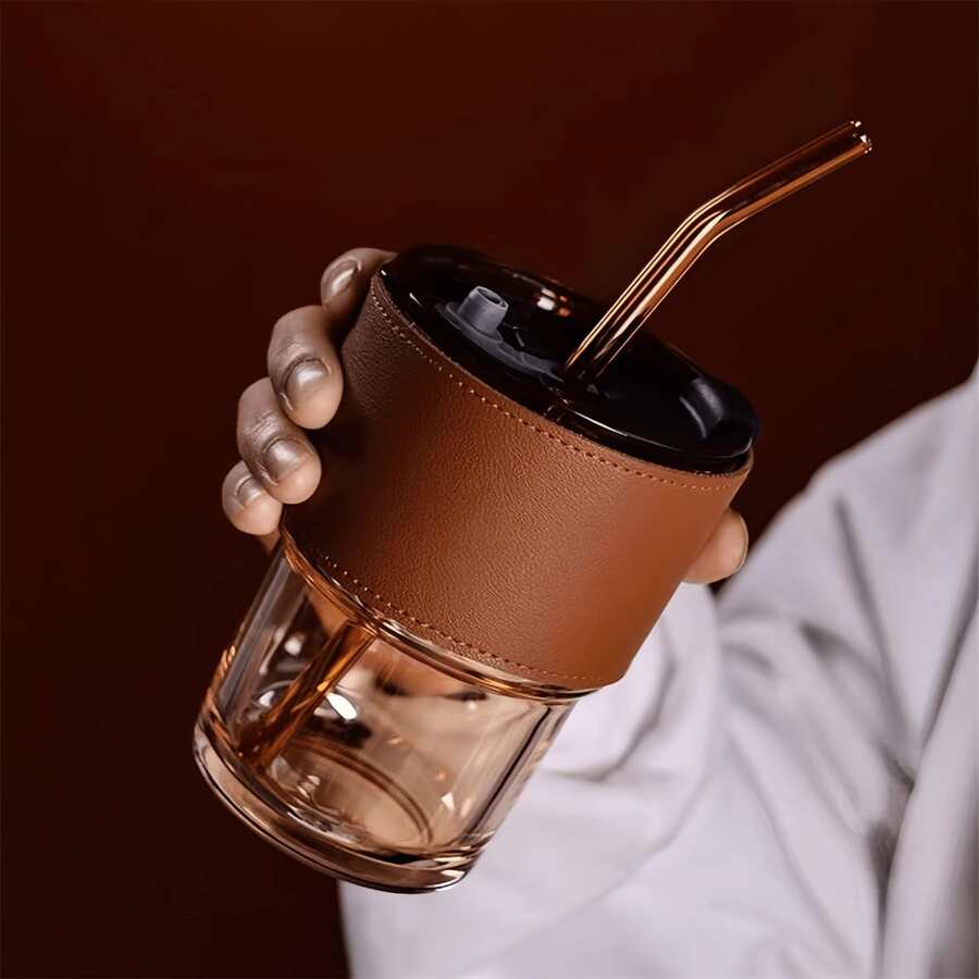 1pc Thickened Glass Water Cup With Lid & Large Capacity And Beautiful Ins Style Coffee, Milk Cup Without Straw - Apricot - View 1