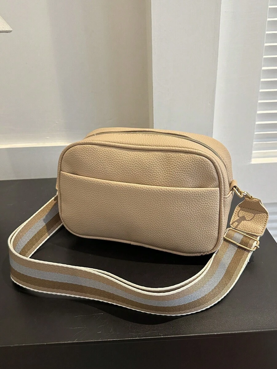 时尚纯色简约风格斜挎包，宽肩带，大容量，多隔层 - 卡其色 - 查看 1