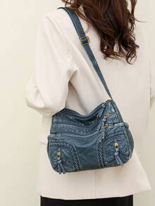 Túi đeo chéo thời trang dành cho nữ có sức chứa lớn, chất liệu PU giặt bằng nước, túi đeo vai, màu trơn, nhẹ, túi đeo dưới cánh tay - Màu xanh lam - Xem 2