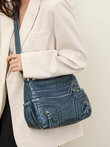 Túi đeo chéo thời trang dành cho nữ có sức chứa lớn, chất liệu PU giặt bằng nước, túi đeo vai, màu trơn, nhẹ, túi đeo dưới cánh tay - Màu xanh lam - Xem 1