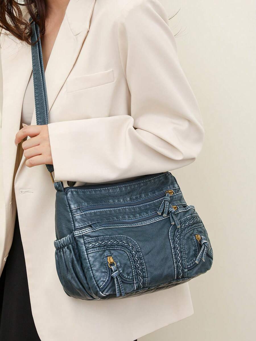 Túi đeo chéo thời trang dành cho nữ có sức chứa lớn, chất liệu PU giặt bằng nước, túi đeo vai, màu trơn, nhẹ, túi đeo dưới cánh tay - Màu xanh lam - Xem 1
