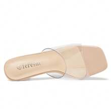 Women's Clear Heels Sandals Clear Strap Slip On Transparent Square Toe Kitten Mules - 杏色 - 查看 5