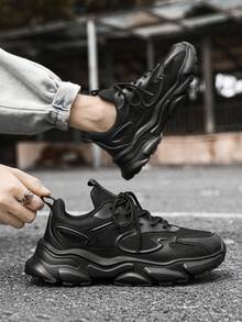 男士簡約風格網紗運動鞋帶前系帶,輕便透氣運動鞋帶厚鞋底適用於戶外和日常穿著 - 黑色 - 查看 3