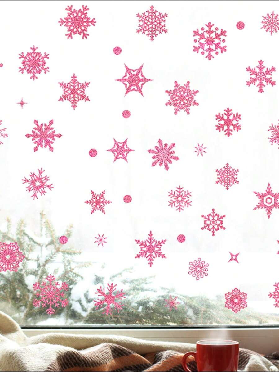 9 miếng dán cửa sổ hình bông tuyết Giáng sinh, miếng dán tĩnh điện cho cửa sổ cửa hàng, cửa kính và trang trí cảnh - Hồng - Xem 1