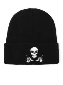 1 件男士针织帽，带有骷髅和鬼魂刺绣图案，竖起大拇指街头万圣节骷髅帽秋季服装 - 黑色 - 查看 2