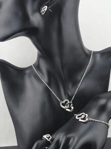 5pcs Pink Rhinestone Double Layer Heart Necklace & Earrings Set, Gift For Girls - Rose Gold - View 7