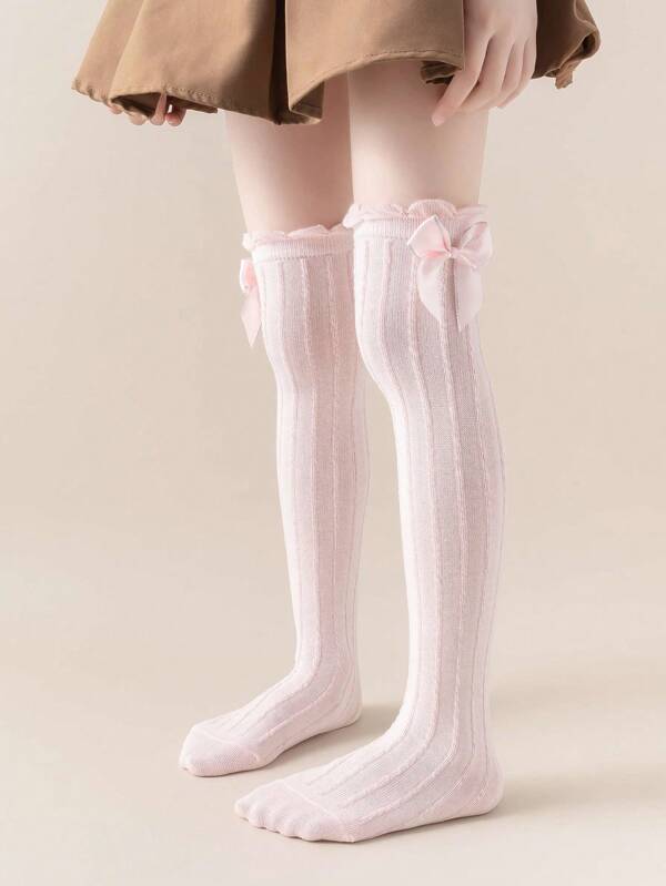 1 Pair Girls' Pink Striped Mesh Bowknot Lace Over-The-Knee Socks, Suitable For Daily Wear