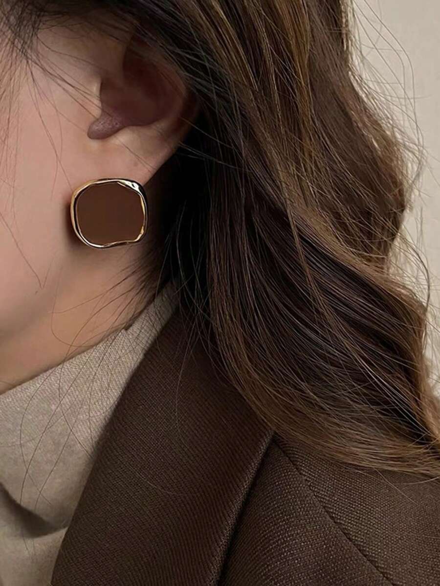 1pair Geometric Square Shape Resin Drop Earrings For Women - Brown - View 1