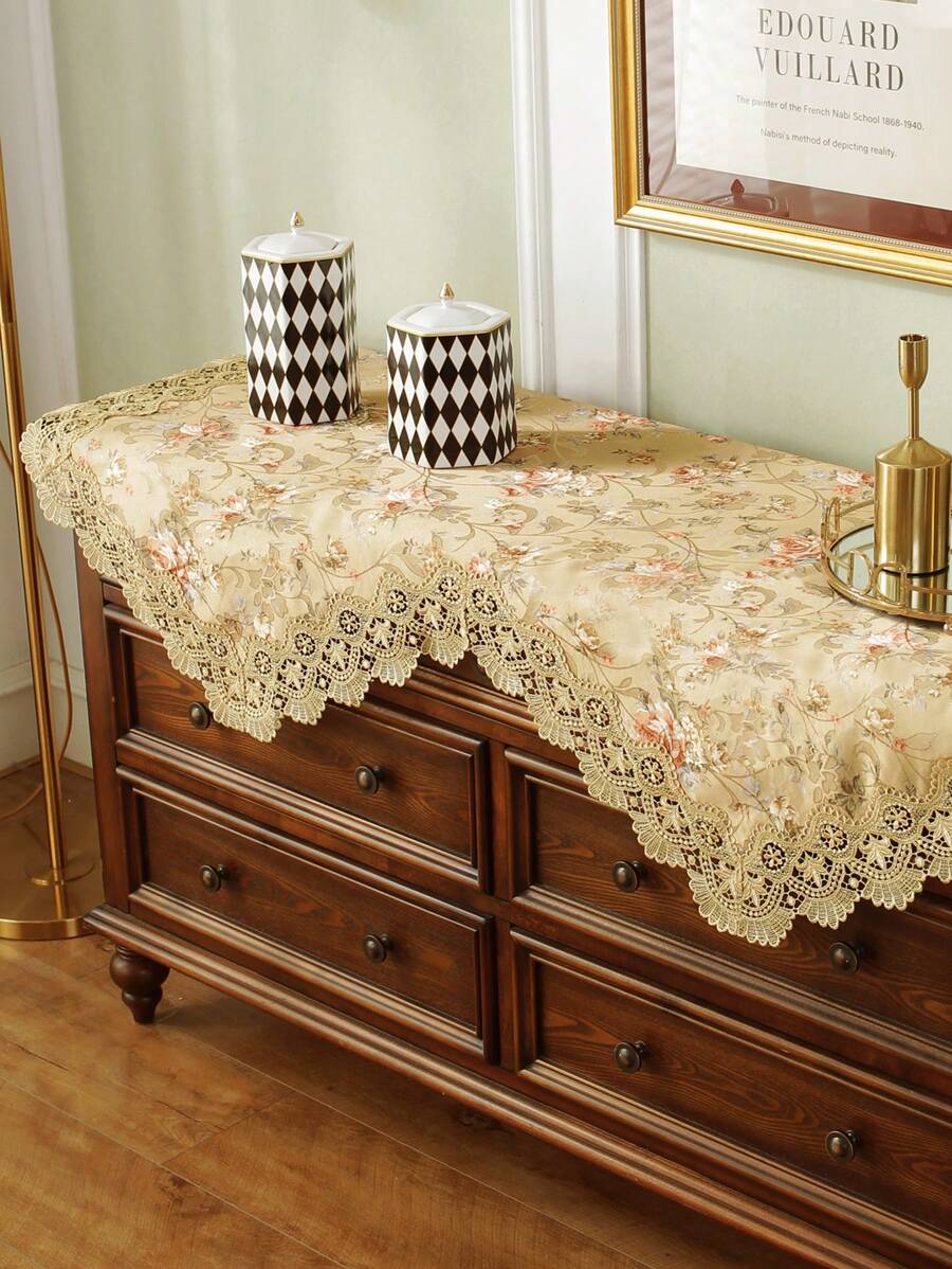 1pc Floral Jacquard Lace Decor Tablecloth - Multicolor - View 1
