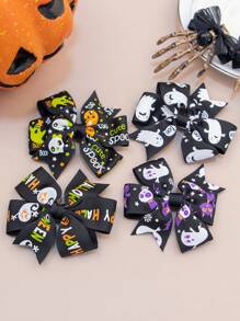 4件套万圣节南瓜混色发夹，3.5英寸蝴蝶结、骷髅头、蜘蛛、南瓜装饰发饰，适合女孩