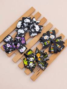 4件套万圣节南瓜混色发夹，3.5英寸蝴蝶结、骷髅头、蜘蛛、南瓜装饰发饰，适合女孩