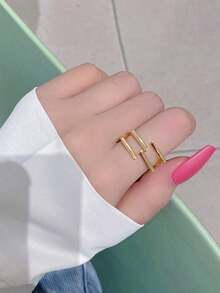 S925 Sterling Silver Geometric Multi-Layer Criss-Cross Ring, Minimalist Style Design, Personalized Open End Index Finger Ring, For Fashionable Girls Who Like To Stack Rings - Yellow Gold - View 3