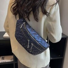 女士棉被拼接托特包,時尚襯墊肩背包,大容量手提包,配鍊帶