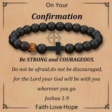 1-2入組男士基督教禮物男士十字手鍊送給爸爸兒子孫子丈夫教父叔叔侄子兄弟禮物勵志虎眼珠彈性治療手鍊生日畢業聖誕節週年紀念友誼禮物 - 黑色 - 查看 4