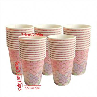10 件/包魚鱗美人魚氣球裝飾生日派對用品套裝,包括紙杯、餐巾、盤子和餐具
