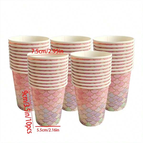 10pcs/pack Fish-scale Mermaid Balloon Decorations Birthday Party Supplies Set, Including Paper Cups, Napkins, Plates And Cutlery