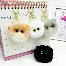 女式黑色毛絨貓頭鑰匙扣,可愛動物鑰匙圈吊墜汽車鑰匙,毛絨玩具禮物