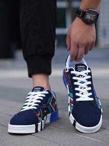 Giày thể thao vải canvas thường ngày buộc dây cho nam với họa tiết Graffiti và chữ Colorblock ngẫu nhiên - Màu xanh lam - Xem 3