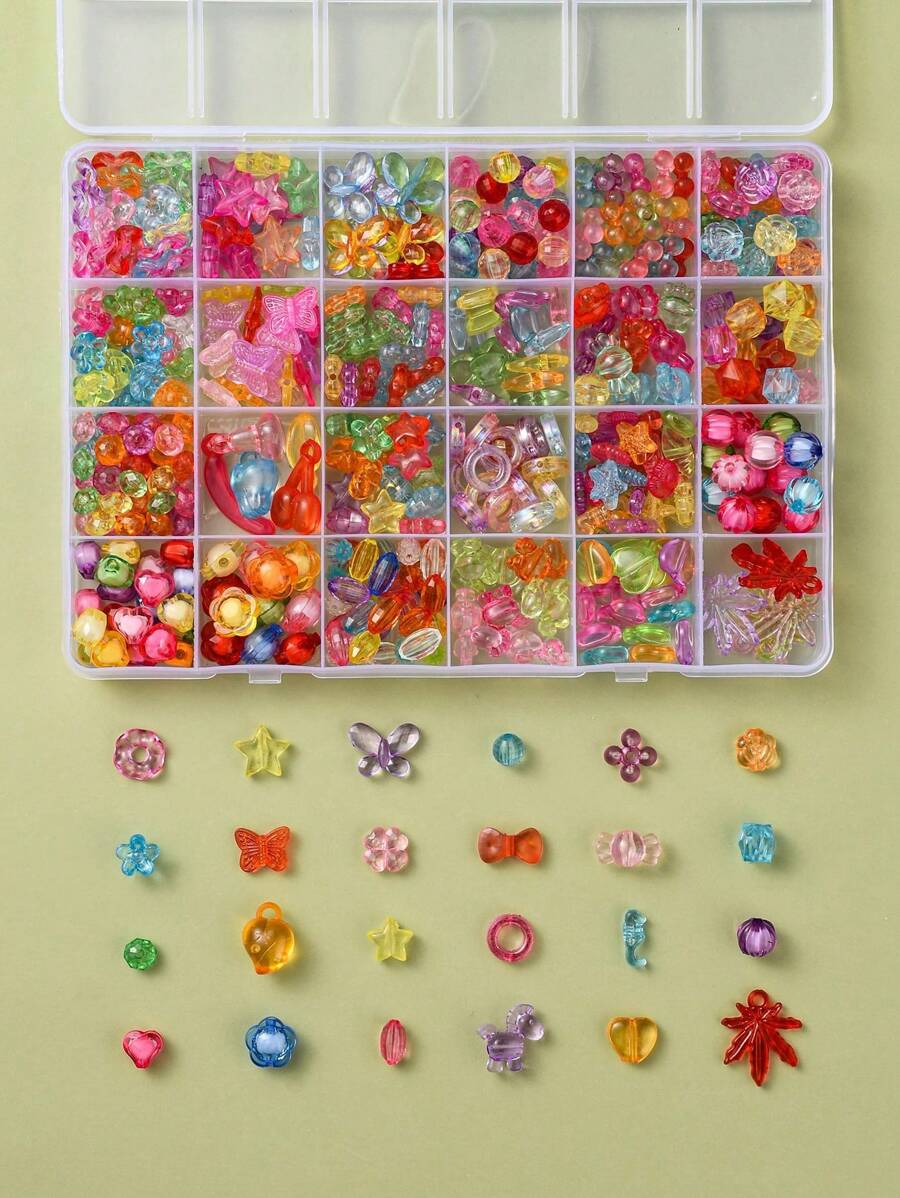 1盒476入組24風格透明亞克力珠子混合形狀混色隨機花和星形設計DIY首飾配件 - 彩色 - 查看 1