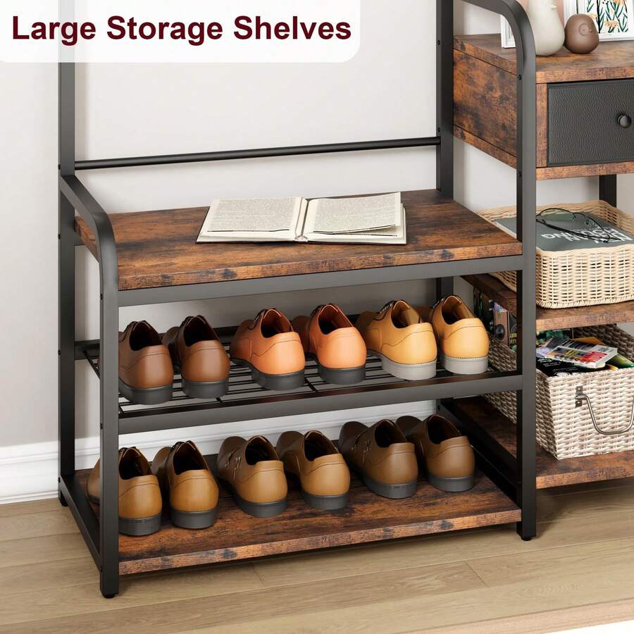 Coat Rack for Entryway, Hall Tree with Storage Drawer and Shoe Rack, Coat Shelf with Shoe Bench