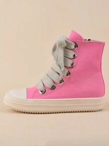 女士玫瑰粉色高筒帆布平底休閒鞋，時尚舒適，側拉鍊及鞋帶設計，運動鞋 - 粉色 - 查看 9