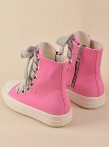 女士玫瑰粉色高筒帆布平底休閒鞋，時尚舒適，側拉鍊及鞋帶設計，運動鞋 - 粉色 - 查看 7