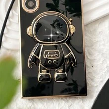 Black Anti-Drop Electroplated Straight Edge Tpu Soft Shell With Diy Soft Rubber Strap And Astronaut Holder Phone Case Compatible With Apple, Samsung, Android Phones