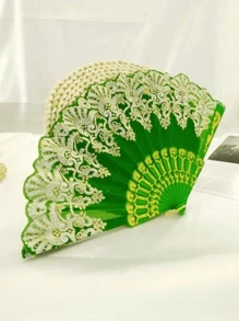 D EXCEED 1/12 件蕾丝雕刻舞台道具折扇，舞台表演手扇，20 世纪 20 年代化妆舞会礼服配饰 - 綠色 - 查看 9
