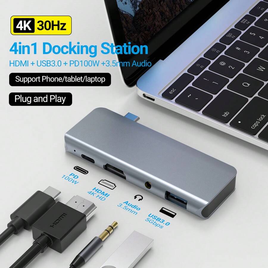 4 合 1 USB C 扩展坞，多端口笔记本电脑扩展坞集线器，带 4K HDMI 100W PD USB3.0 3.5 毫米音频，兼容 iPad Pro Air 5/4、iPad Mini 6、iPad Pro 配件 - 灰色 - 查看 1