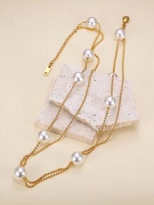 1pc Elegant French Style Pearl Decorated Multi-Layer Necklace, Women's Versatile Stainless Steel Jewelry Accessory, Suitable For Banquet, Ball And Other Occasions, Birthday Gift - Yellow Gold - View 4