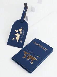 2 件套 PU 皮革旅行套装，带世界地图图案，护照夹和行李标签，卡夹，行李箱标签，姓名标签，卡套，吊牌，假期配件，假期配件套装，学校包，学校配件，学校用品