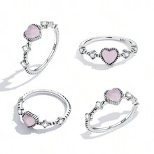 WOSTU 1只復古925純銀精緻粉色心形戒指可疊戴鋯石戒指,女士尺寸6 7 8 9,精美珠寶禮物 - 銀色 - 查看 2