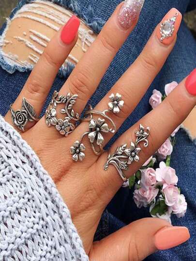 4 قطع مجموعة خواتم مفصلية بتصميم عنب وأوراق وزهور بطراز فينتج مورد