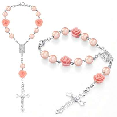 1pc Women Men Decoration Bedroom Catholic Beads Rose Medal And Cross Hanging Accessories For Interior Decors Room Decor Bring Good Luck Graduation Present Mother Day Gift