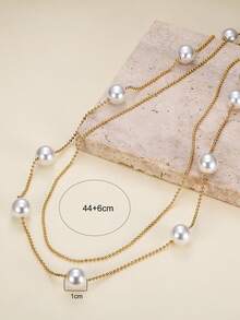 1pc Elegant French Style Pearl Decorated Multi-Layer Necklace, Women's Versatile Stainless Steel Jewelry Accessory, Suitable For Banquet, Ball And Other Occasions, Birthday Gift - Yellow Gold - View 5