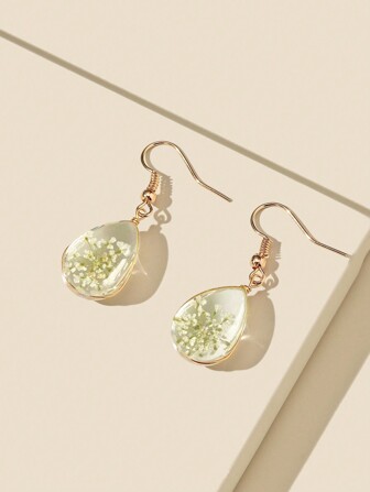 1pair Fresh & Fashionable Tiny Transparent Glass Dried Flower Teardrop Earrings Valentines,Mom,Mother,Mother's Day,Gift